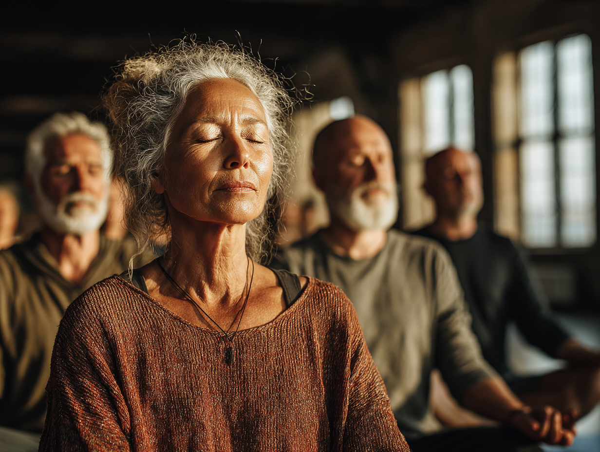 Grup de seniori practicând yoga într-un studio luminoș și liniștit